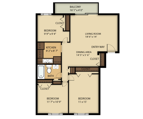 Floor plan for 3 beds, 1 bath, 910 sqft